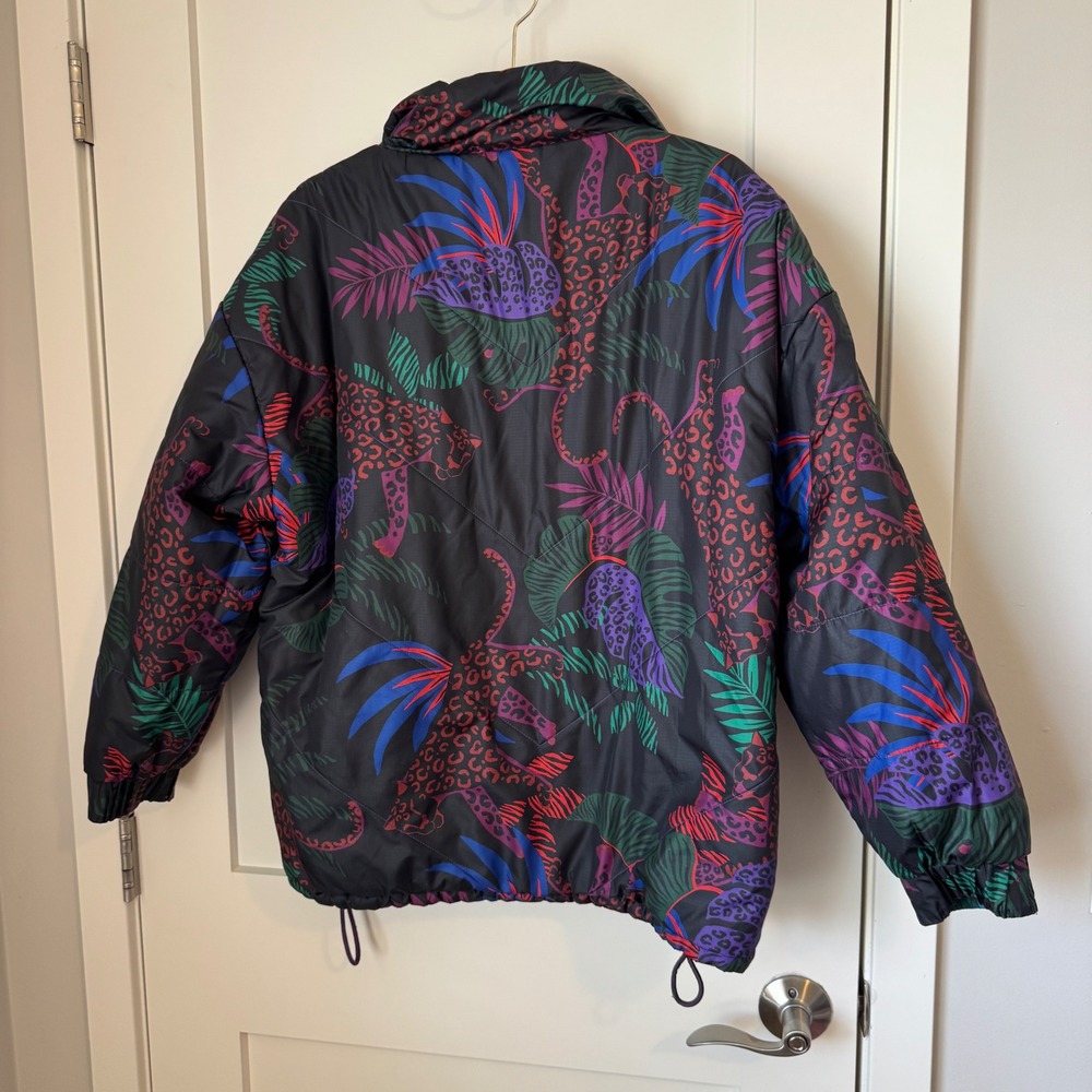 Farm Rio Reversible‎ Mixed Prints Puffer Jacket Crochet Patchwork Leopard Small - Picture 9 of 11